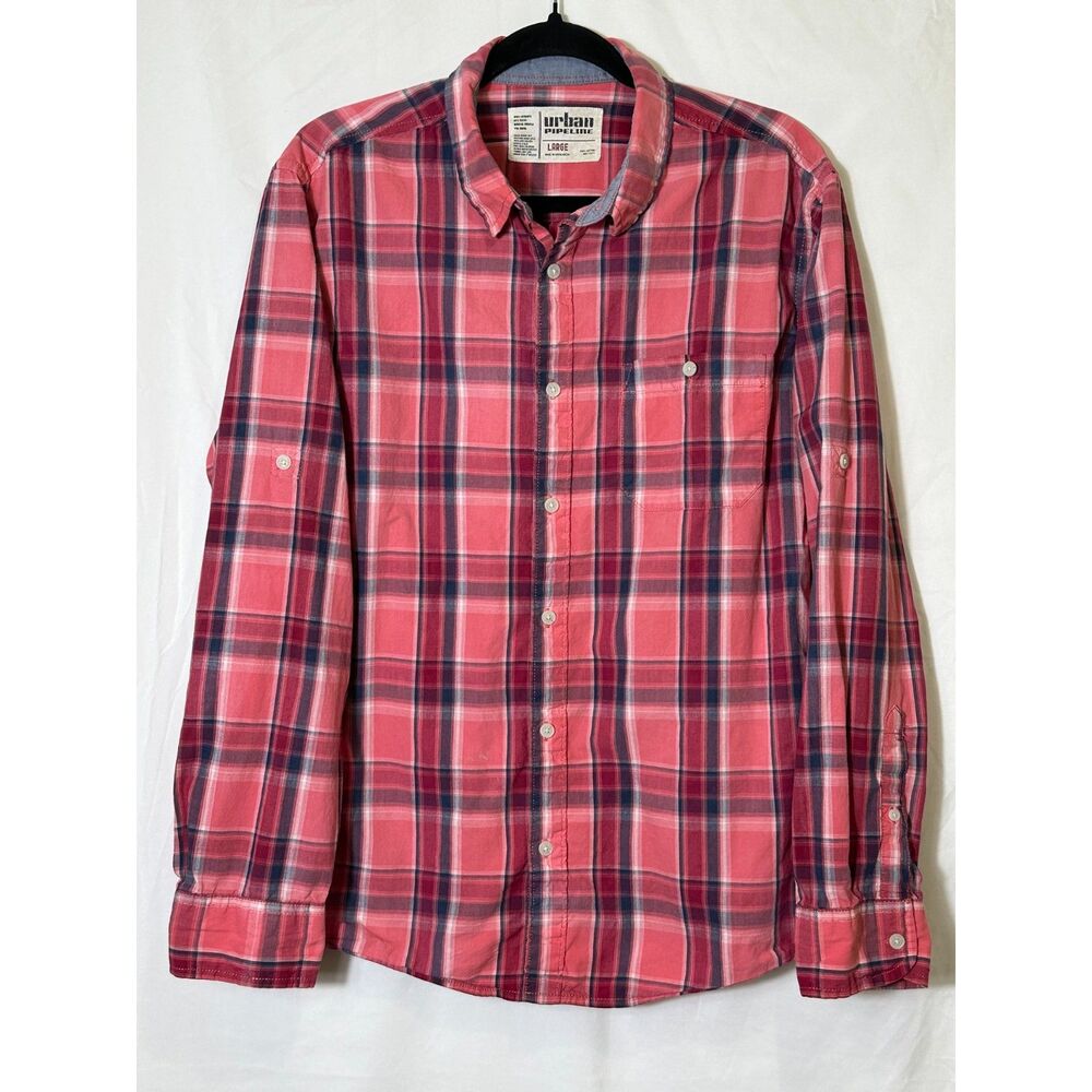 Urban Pipeline Men's Pink Plaid Button Down Shirt With Tab Sleeve, Size L FLAWED